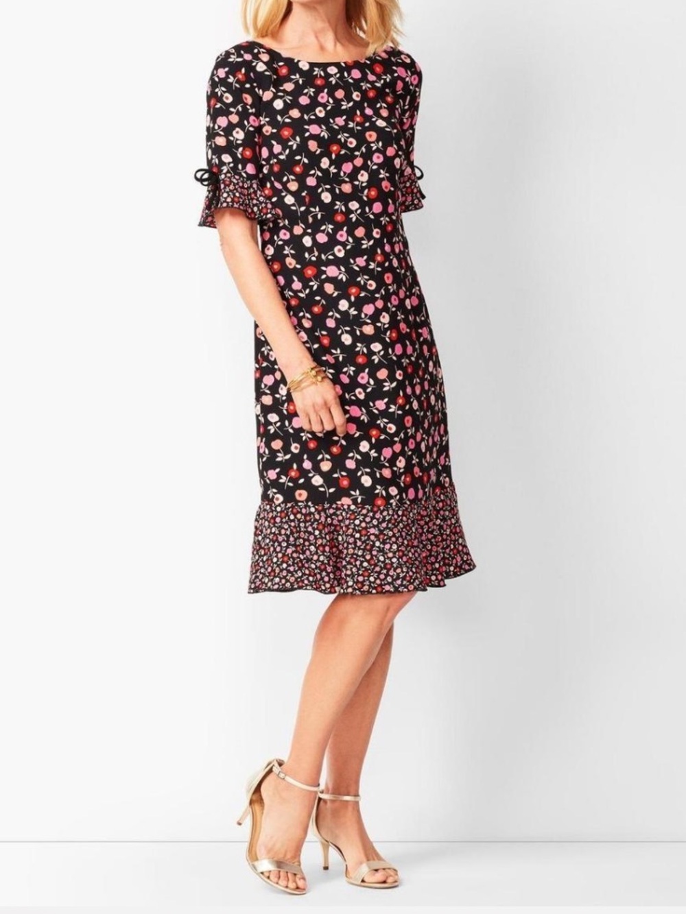 Talbots Floral Flounce Hem Dress Pink Red Black Ruffle Sleeve 10P Petite - Picture 2 of 10